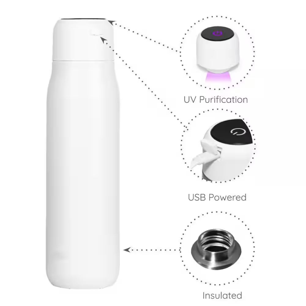 14 Oz. White Stainless Steel Insulated Self-Cleaning Water Bottle W/UV Water Purifier