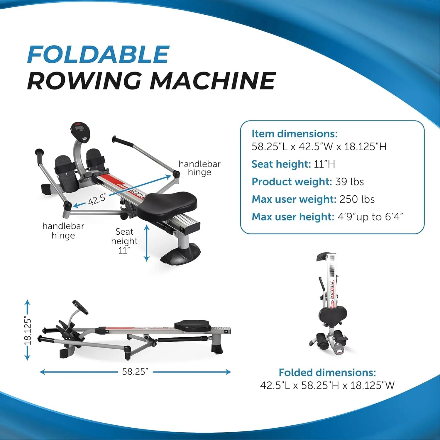 Bodytrac Glider Hydraulic Rowing Machine with Smart Workout App - Rower Workout Machine
