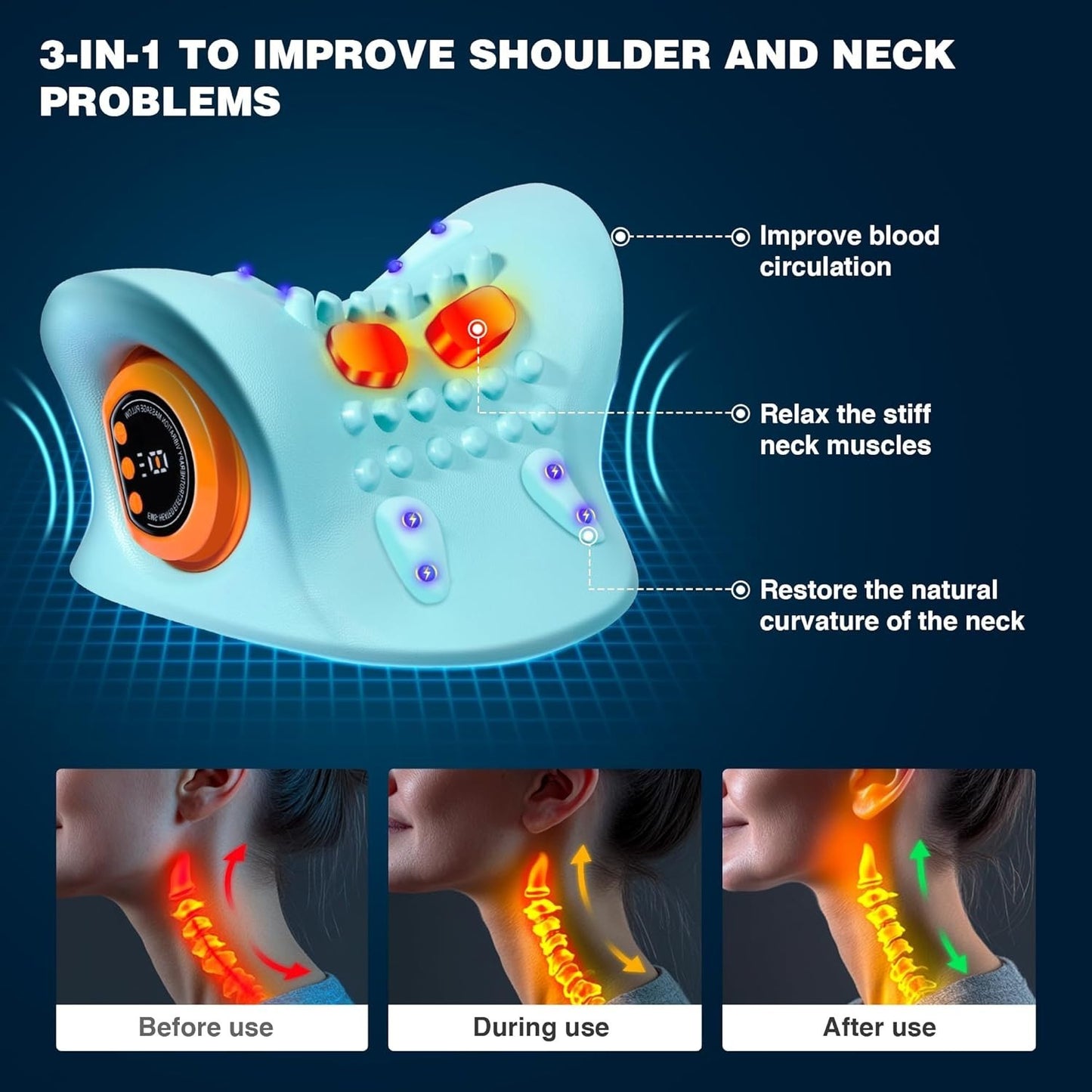 1PC Neck & Shoulder Massager with Heat, 3 Modes Cervical Traction Pillow